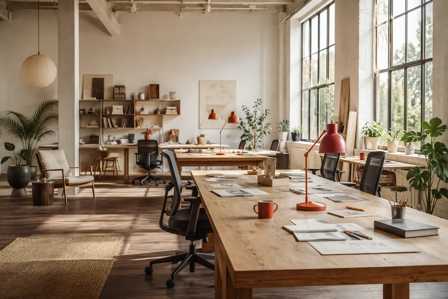 Wide view of an open creative workspace with timber tables